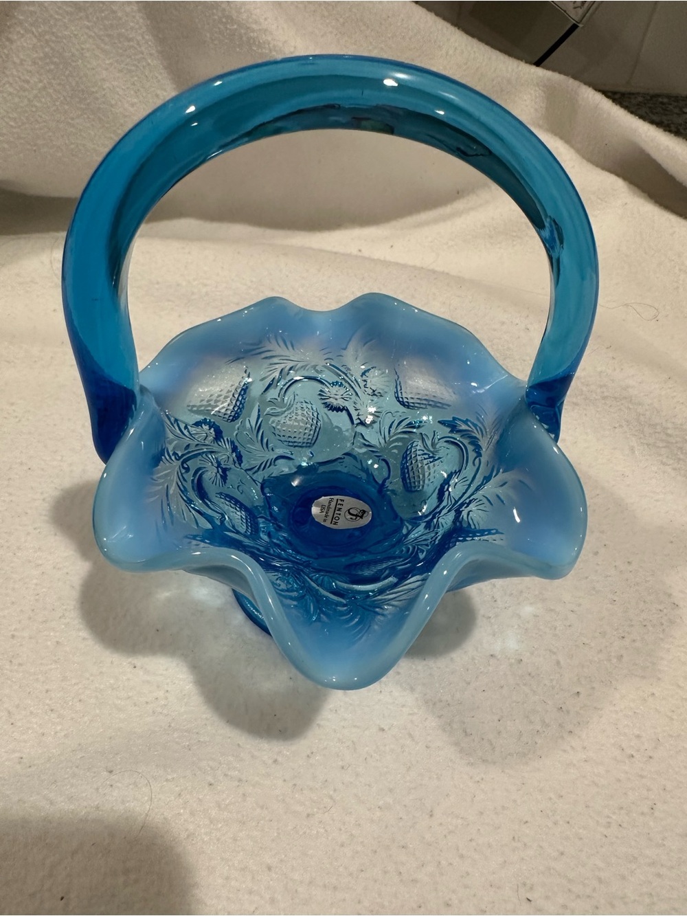Vintage Fenton Blue Opalescent Inverted Strawberry Glass Basket